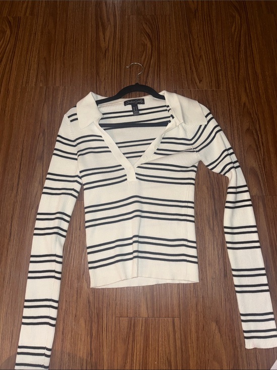 Streetwear Society Sweaters - Ribbed Striped Polo Sweater - White with Black Stripes